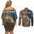 Rainbow Trout Fishing Couples Matching Off Shoulder Short Dress and Long Sleeve Button Shirt with Camouflage Reeds and Forest Background in Nature-Inspired Colors - Wonder Print Shop