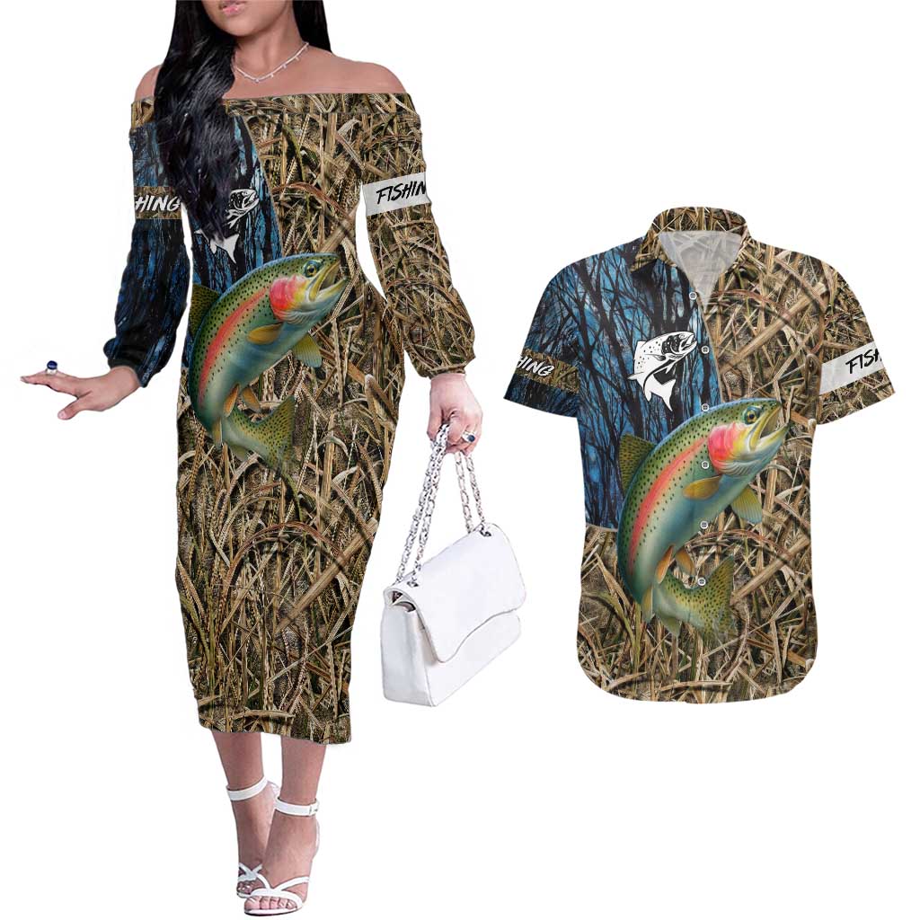 Rainbow Trout Fishing Couples Matching Off The Shoulder Long Sleeve Dress and Hawaiian Shirt with Camouflage Reeds and Forest Background in Nature-Inspired Colors - Wonder Print Shop