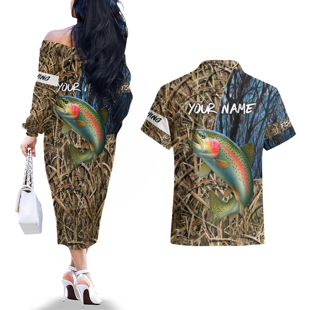 Rainbow Trout Fishing Couples Matching Off The Shoulder Long Sleeve Dress and Hawaiian Shirt with Camouflage Reeds and Forest Background in Nature-Inspired Colors - Wonder Print Shop
