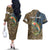 Rainbow Trout Fishing Couples Matching Off The Shoulder Long Sleeve Dress and Hawaiian Shirt with Camouflage Reeds and Forest Background in Nature-Inspired Colors - Wonder Print Shop