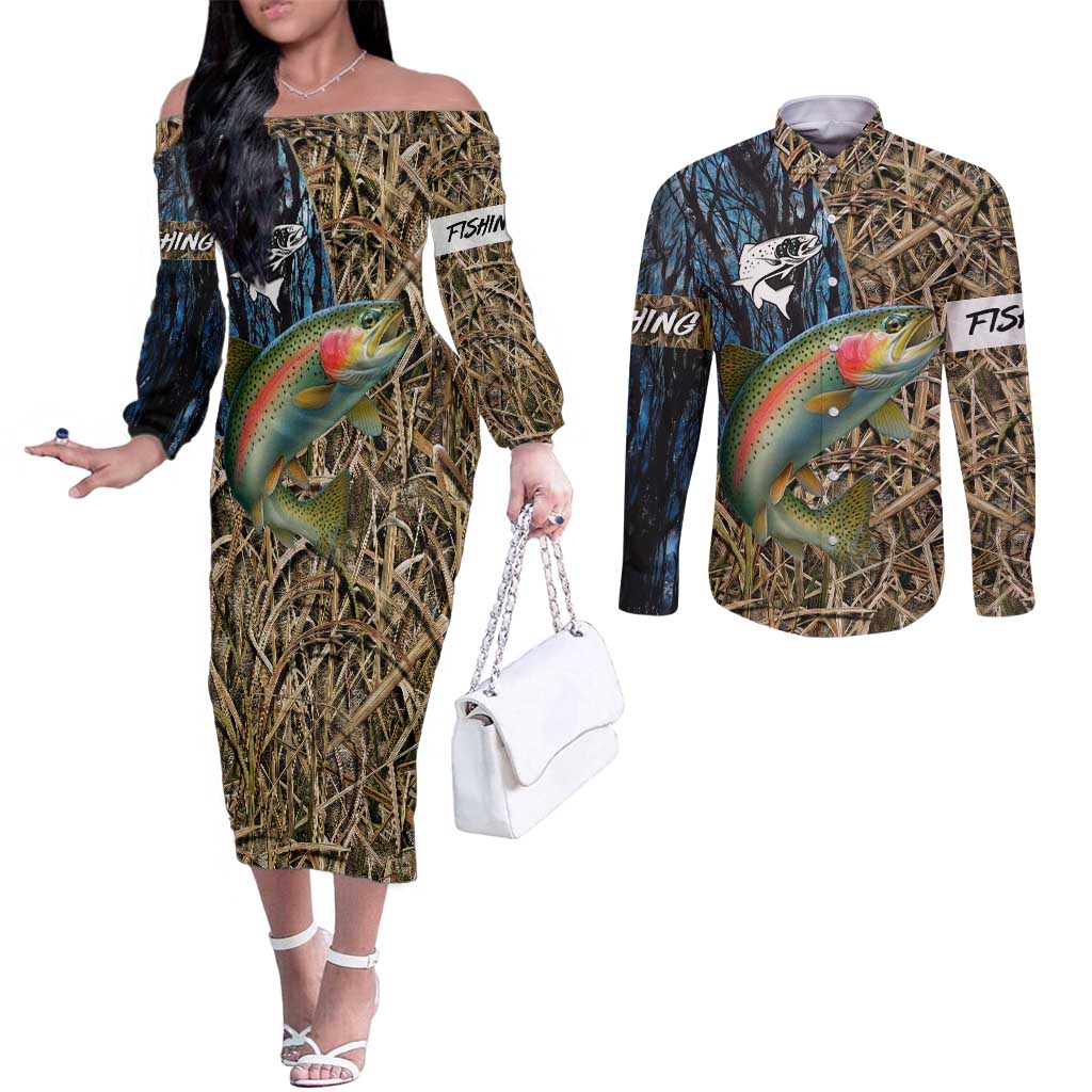 Rainbow Trout Fishing Couples Matching Off The Shoulder Long Sleeve Dress and Long Sleeve Button Shirt with Camouflage Reeds and Forest Background in Nature-Inspired Colors - Wonder Print Shop