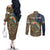 Rainbow Trout Fishing Couples Matching Off The Shoulder Long Sleeve Dress and Long Sleeve Button Shirt with Camouflage Reeds and Forest Background in Nature-Inspired Colors - Wonder Print Shop