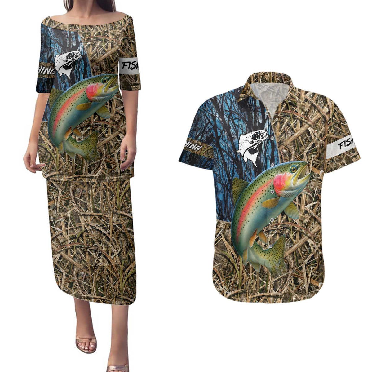 Rainbow Trout Fishing Couples Matching Puletasi and Hawaiian Shirt with Camouflage Reeds and Forest Background in Nature-Inspired Colors - Wonder Print Shop