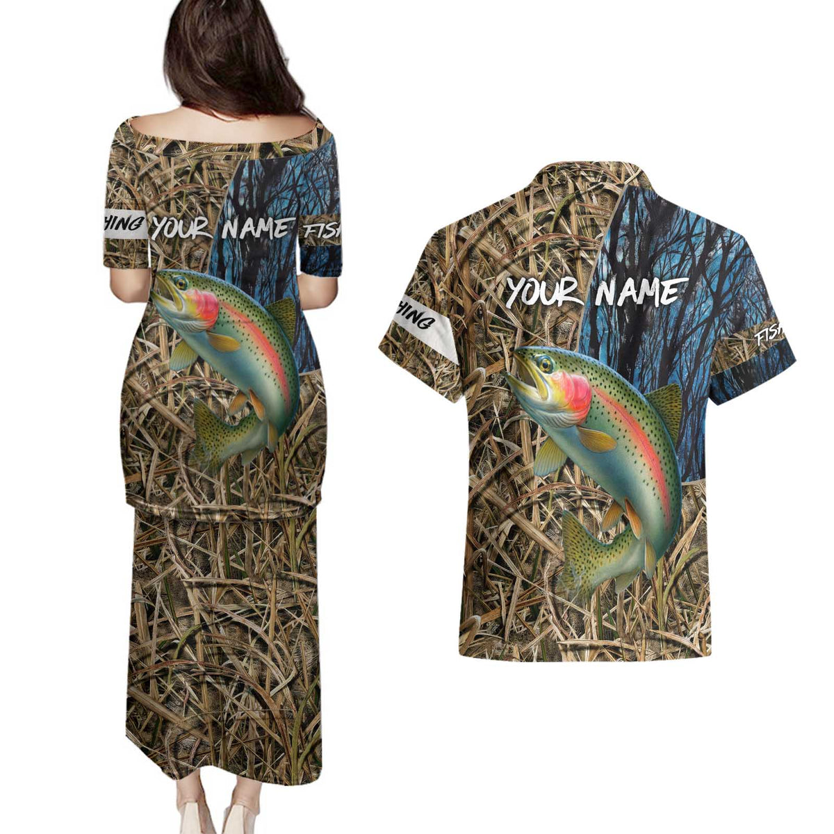 Rainbow Trout Fishing Couples Matching Puletasi and Hawaiian Shirt with Camouflage Reeds and Forest Background in Nature-Inspired Colors - Wonder Print Shop