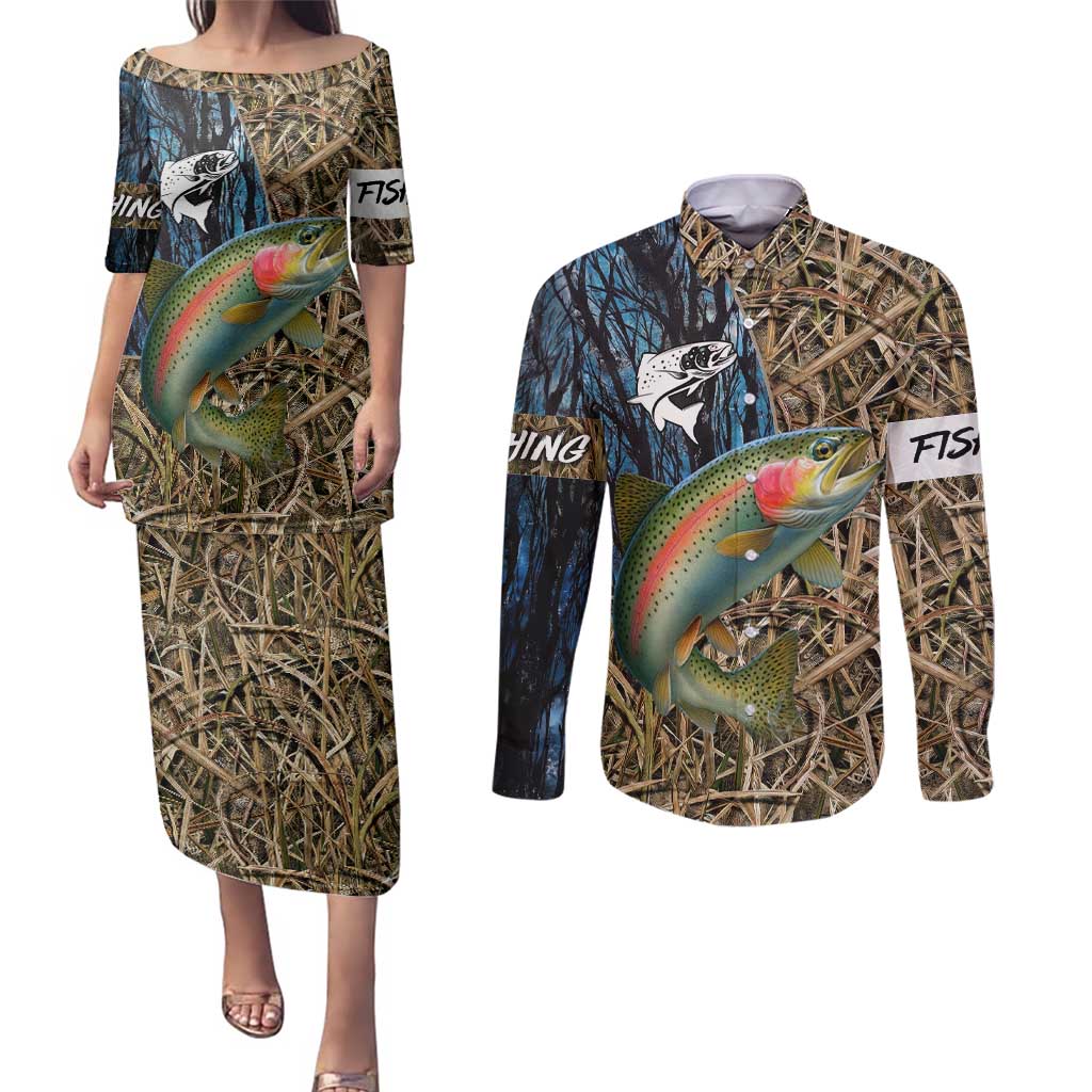 Rainbow Trout Fishing Couples Matching Puletasi and Long Sleeve Button Shirt with Camouflage Reeds and Forest Background in Nature-Inspired Colors - Wonder Print Shop