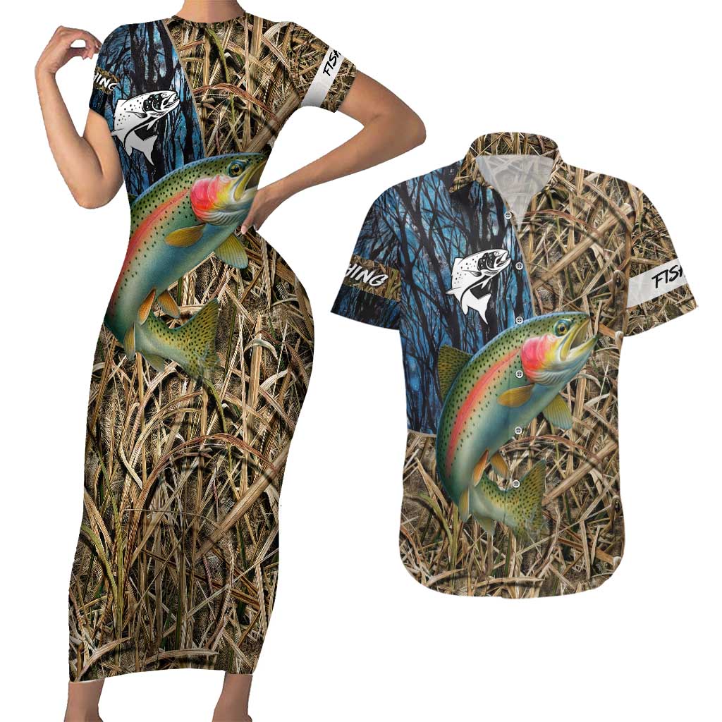 Rainbow Trout Fishing Couples Matching Short Sleeve Bodycon Dress and Hawaiian Shirt with Camouflage Reeds and Forest Background in Nature-Inspired Colors - Wonder Print Shop