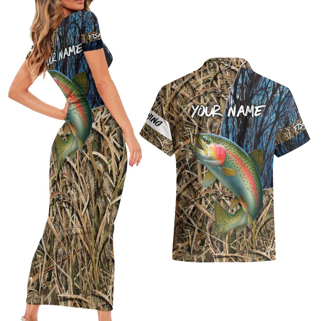 Rainbow Trout Fishing Couples Matching Short Sleeve Bodycon Dress and Hawaiian Shirt with Camouflage Reeds and Forest Background in Nature-Inspired Colors - Wonder Print Shop