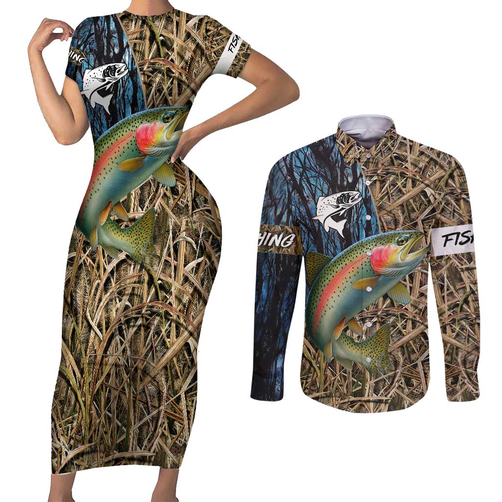Rainbow Trout Fishing Couples Matching Short Sleeve Bodycon Dress and Long Sleeve Button Shirt with Camouflage Reeds and Forest Background in Nature-Inspired Colors - Wonder Print Shop