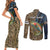 Rainbow Trout Fishing Couples Matching Short Sleeve Bodycon Dress and Long Sleeve Button Shirt with Camouflage Reeds and Forest Background in Nature-Inspired Colors - Wonder Print Shop