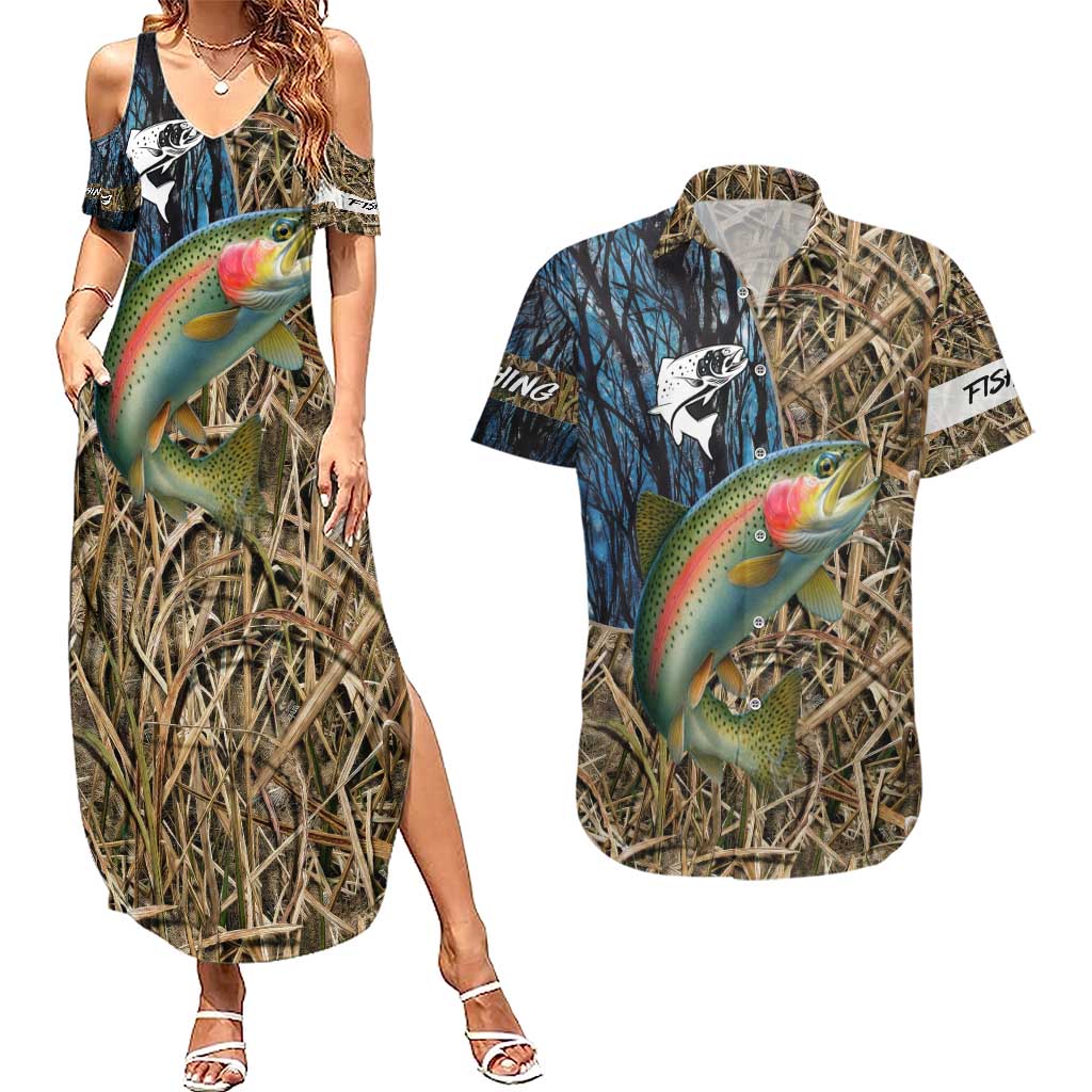 Rainbow Trout Fishing Couples Matching Summer Maxi Dress and Hawaiian Shirt with Camouflage Reeds and Forest Background in Nature-Inspired Colors - Wonder Print Shop