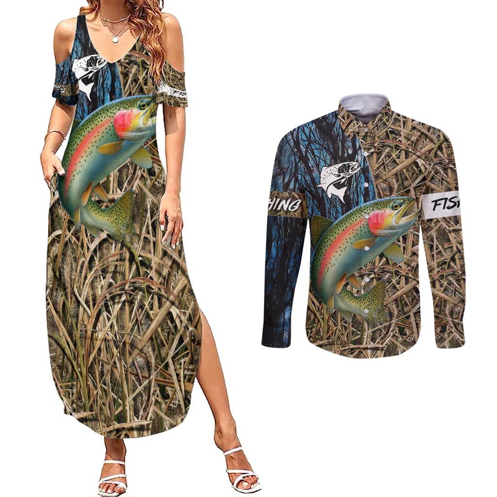 Rainbow Trout Fishing Couples Matching Summer Maxi Dress and Long Sleeve Button Shirt with Camouflage Reeds and Forest Background in Nature-Inspired Colors - Wonder Print Shop
