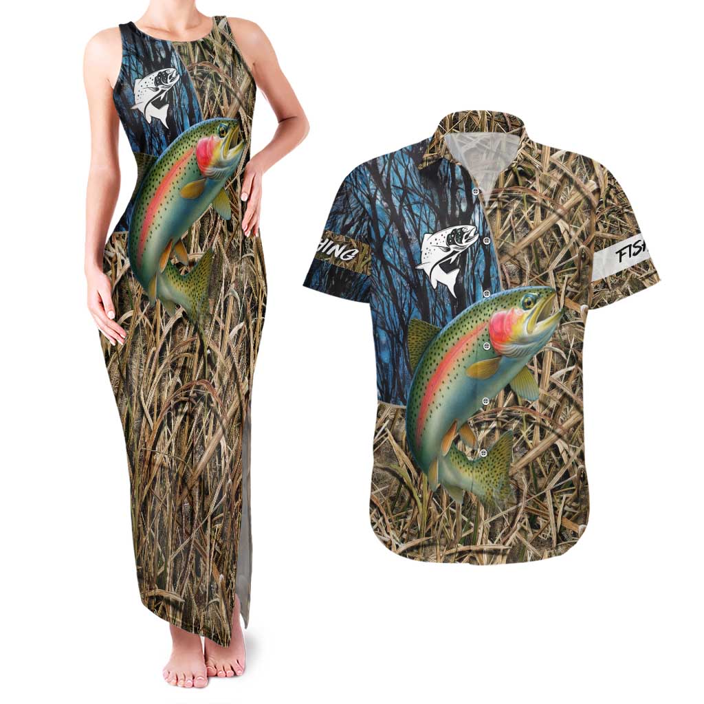 Rainbow Trout Fishing Couples Matching Tank Maxi Dress and Hawaiian Shirt with Camouflage Reeds and Forest Background in Nature-Inspired Colors - Wonder Print Shop