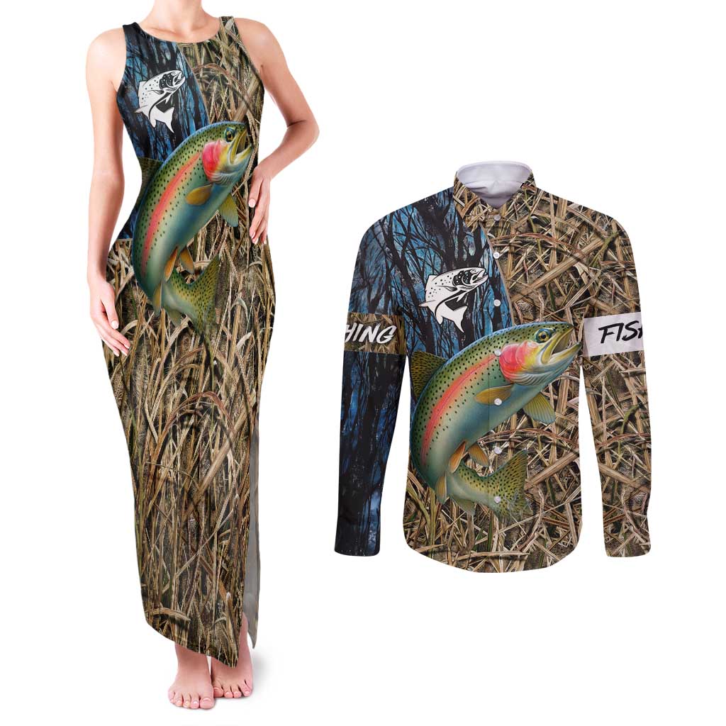Rainbow Trout Fishing Couples Matching Tank Maxi Dress and Long Sleeve Button Shirt with Camouflage Reeds and Forest Background in Nature-Inspired Colors - Wonder Print Shop