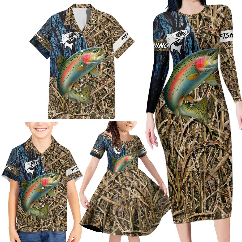 Rainbow Trout Fishing Family Matching Long Sleeve Bodycon Dress and Hawaiian Shirt with Camouflage Reeds and Forest Background in Nature-Inspired Colors - Wonder Print Shop