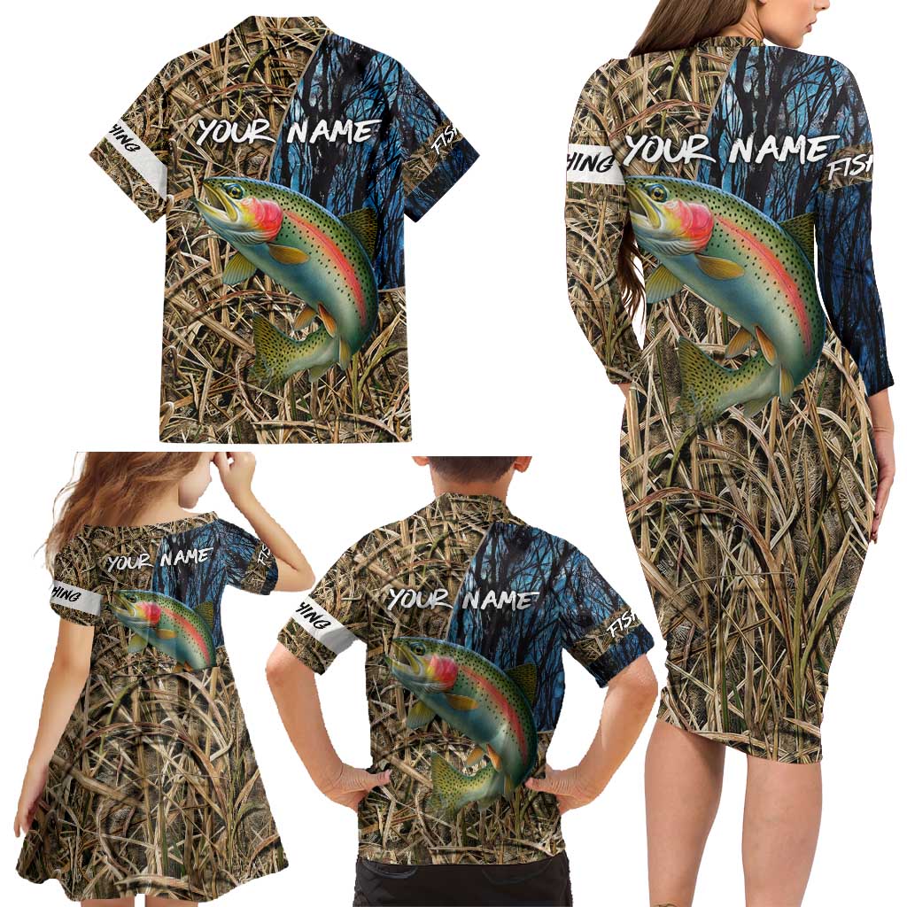 Rainbow Trout Fishing Family Matching Long Sleeve Bodycon Dress and Hawaiian Shirt with Camouflage Reeds and Forest Background in Nature-Inspired Colors - Wonder Print Shop