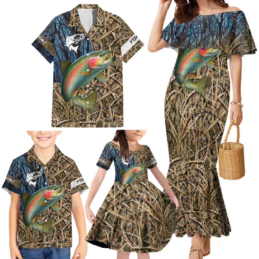 Rainbow Trout Fishing Family Matching Mermaid Dress and Hawaiian Shirt with Camouflage Reeds and Forest Background in Nature-Inspired Colors - Wonder Print Shop