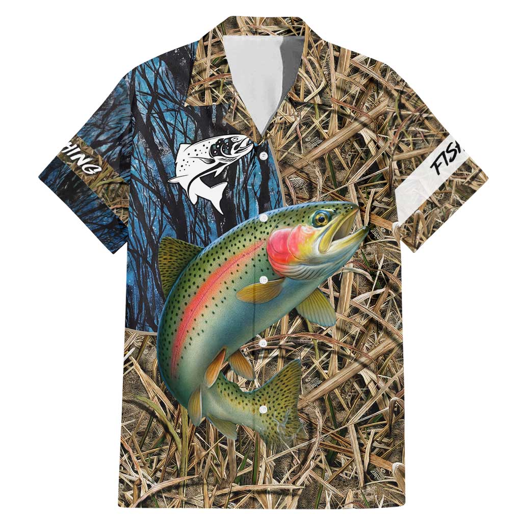 Rainbow Trout Fishing Family Matching Mermaid Dress and Hawaiian Shirt with Camouflage Reeds and Forest Background in Nature-Inspired Colors - Wonder Print Shop