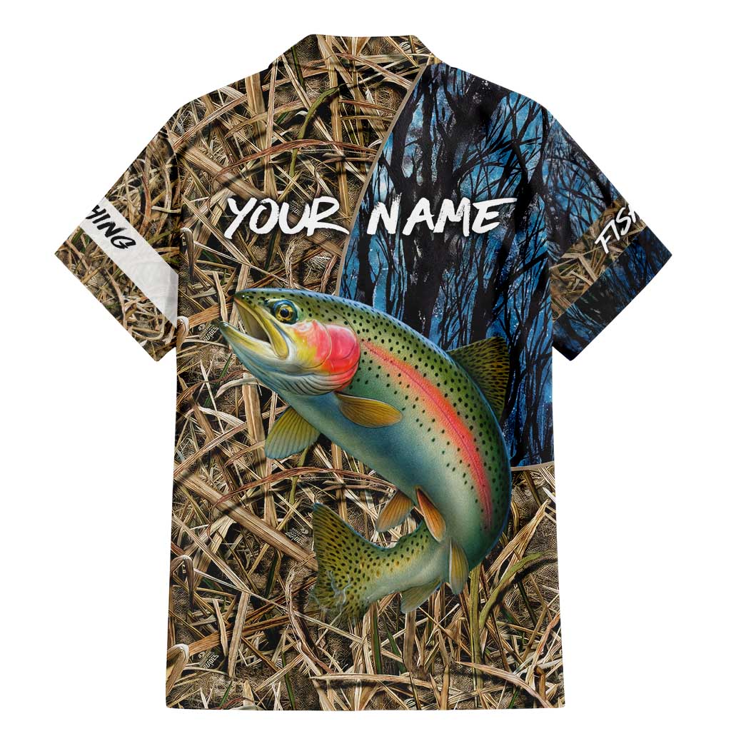 Rainbow Trout Fishing Family Matching Mermaid Dress and Hawaiian Shirt with Camouflage Reeds and Forest Background in Nature-Inspired Colors - Wonder Print Shop