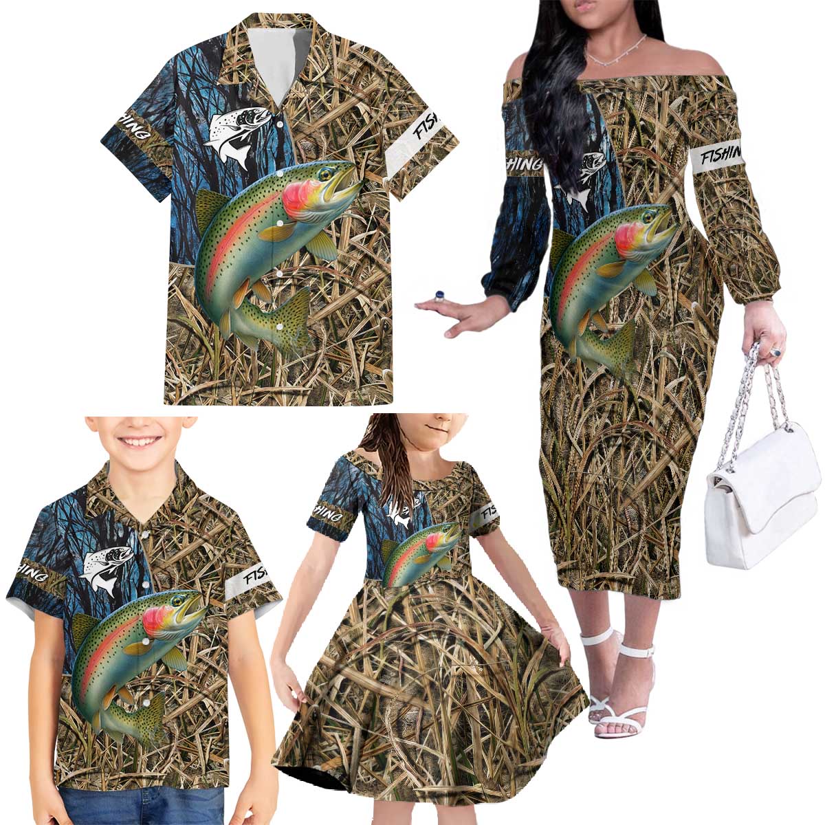 Rainbow Trout Fishing Family Matching Off The Shoulder Long Sleeve Dress and Hawaiian Shirt with Camouflage Reeds and Forest Background in Nature-Inspired Colors - Wonder Print Shop