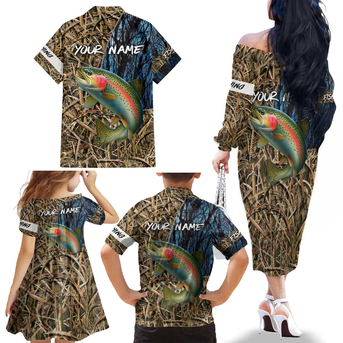 Rainbow Trout Fishing Family Matching Off The Shoulder Long Sleeve Dress and Hawaiian Shirt with Camouflage Reeds and Forest Background in Nature-Inspired Colors - Wonder Print Shop