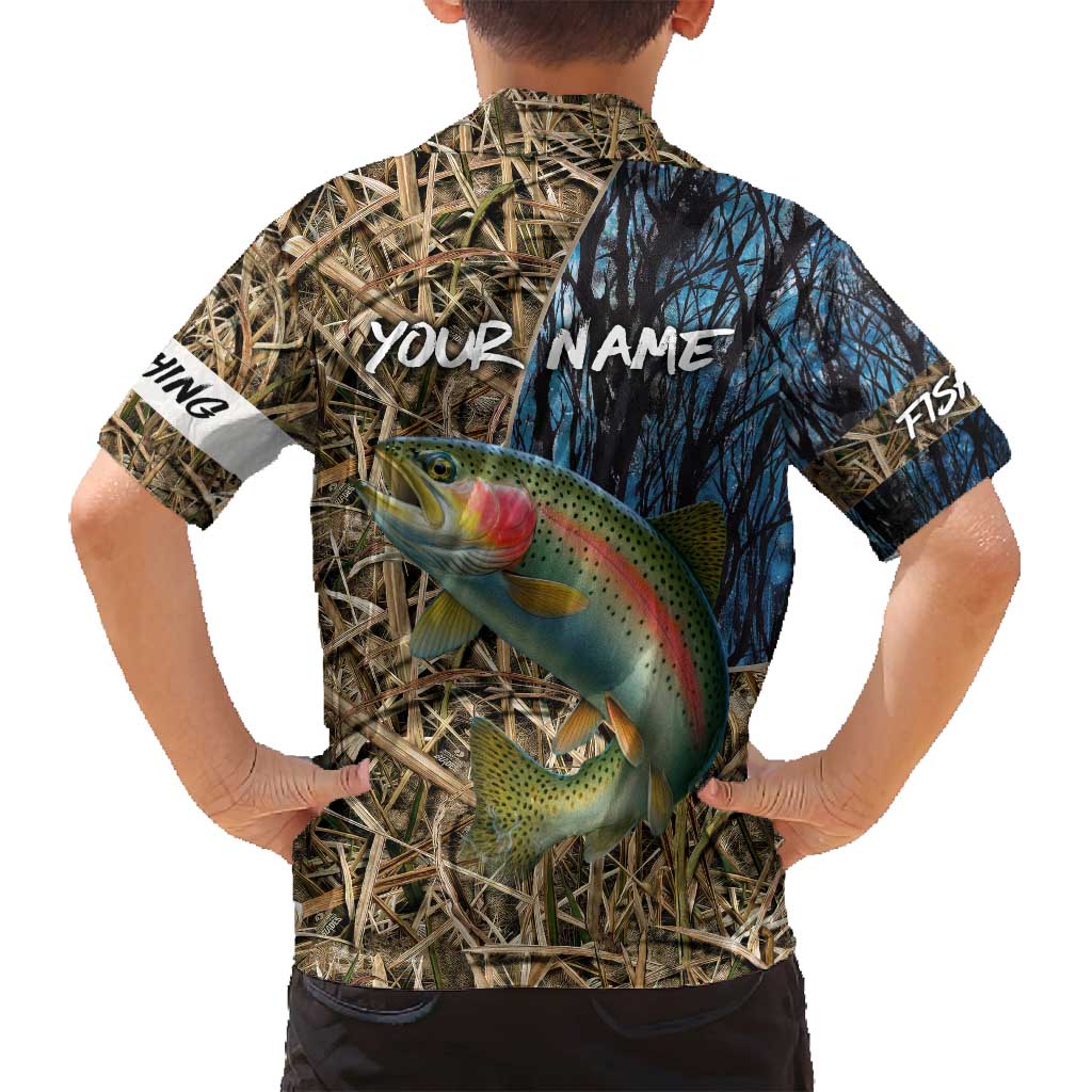 Rainbow Trout Fishing Family Matching Off Shoulder Maxi Dress and Hawaiian Shirt with Camouflage Reeds and Forest Background in Nature-Inspired Colors - Wonder Print Shop