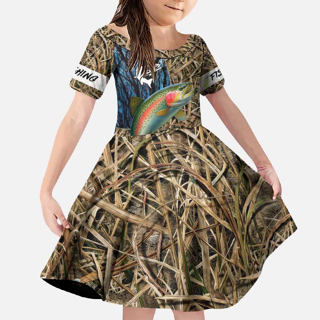 Rainbow Trout Fishing Family Matching Off Shoulder Maxi Dress and Hawaiian Shirt with Camouflage Reeds and Forest Background in Nature-Inspired Colors - Wonder Print Shop