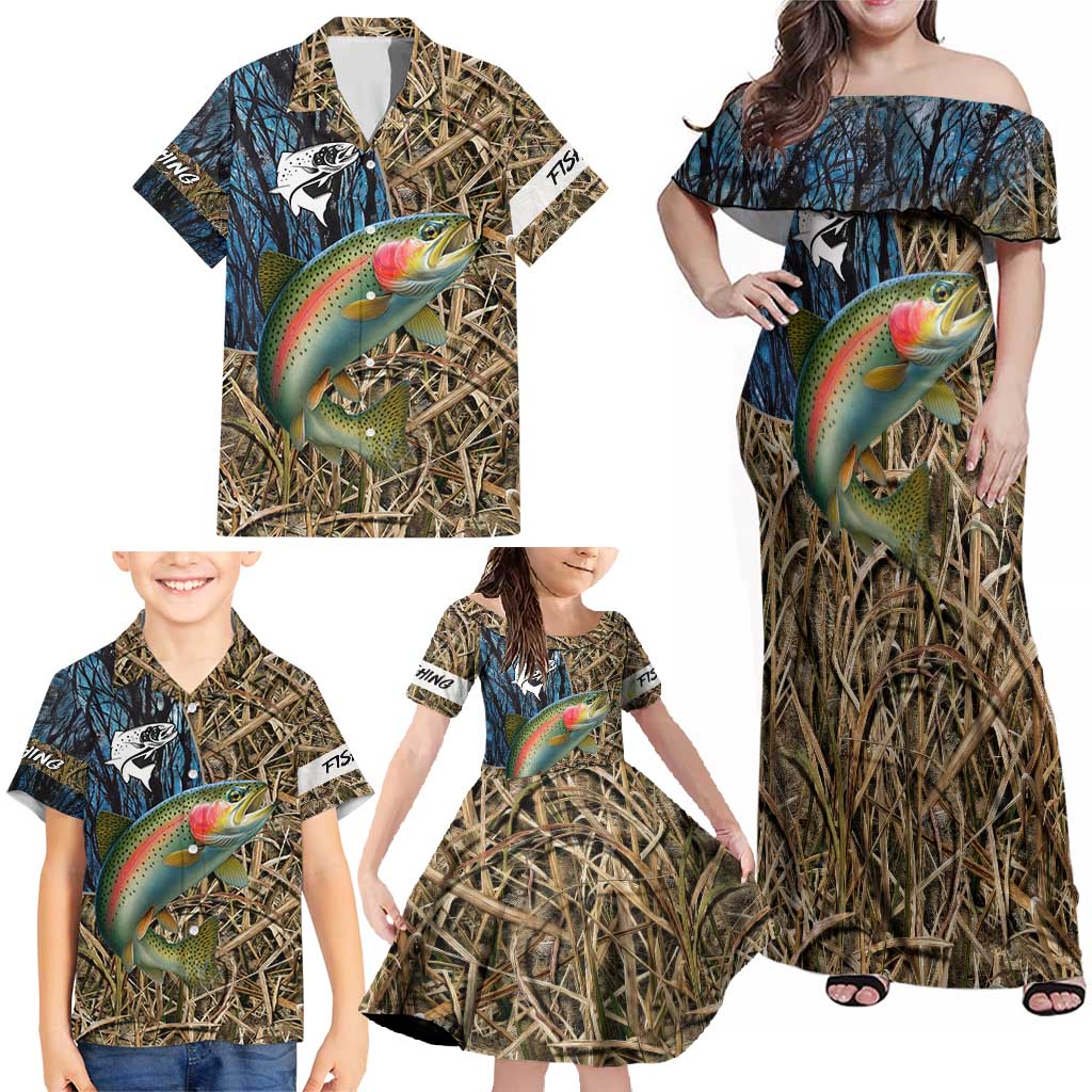 Rainbow Trout Fishing Family Matching Off Shoulder Maxi Dress and Hawaiian Shirt with Camouflage Reeds and Forest Background in Nature-Inspired Colors - Wonder Print Shop