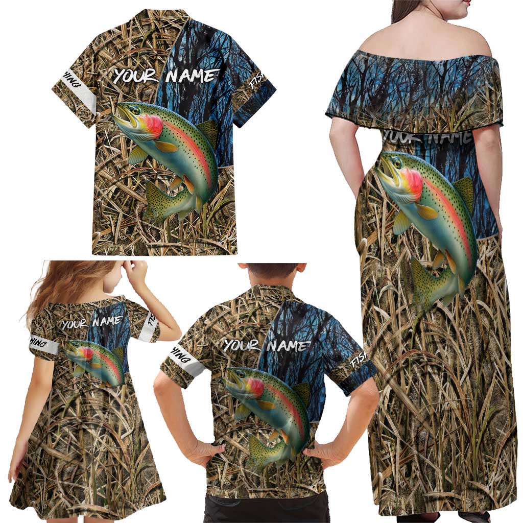 Rainbow Trout Fishing Family Matching Off Shoulder Maxi Dress and Hawaiian Shirt with Camouflage Reeds and Forest Background in Nature-Inspired Colors - Wonder Print Shop
