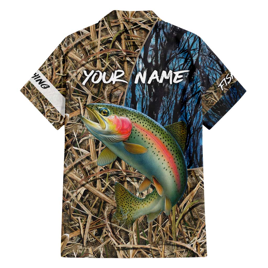 Rainbow Trout Fishing Family Matching Off Shoulder Maxi Dress and Hawaiian Shirt with Camouflage Reeds and Forest Background in Nature-Inspired Colors - Wonder Print Shop