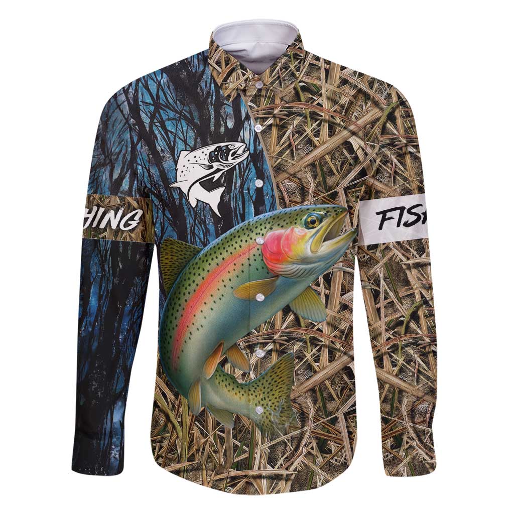 Rainbow Trout Fishing Family Matching Off Shoulder Maxi Dress and Hawaiian Shirt with Camouflage Reeds and Forest Background in Nature-Inspired Colors - Wonder Print Shop
