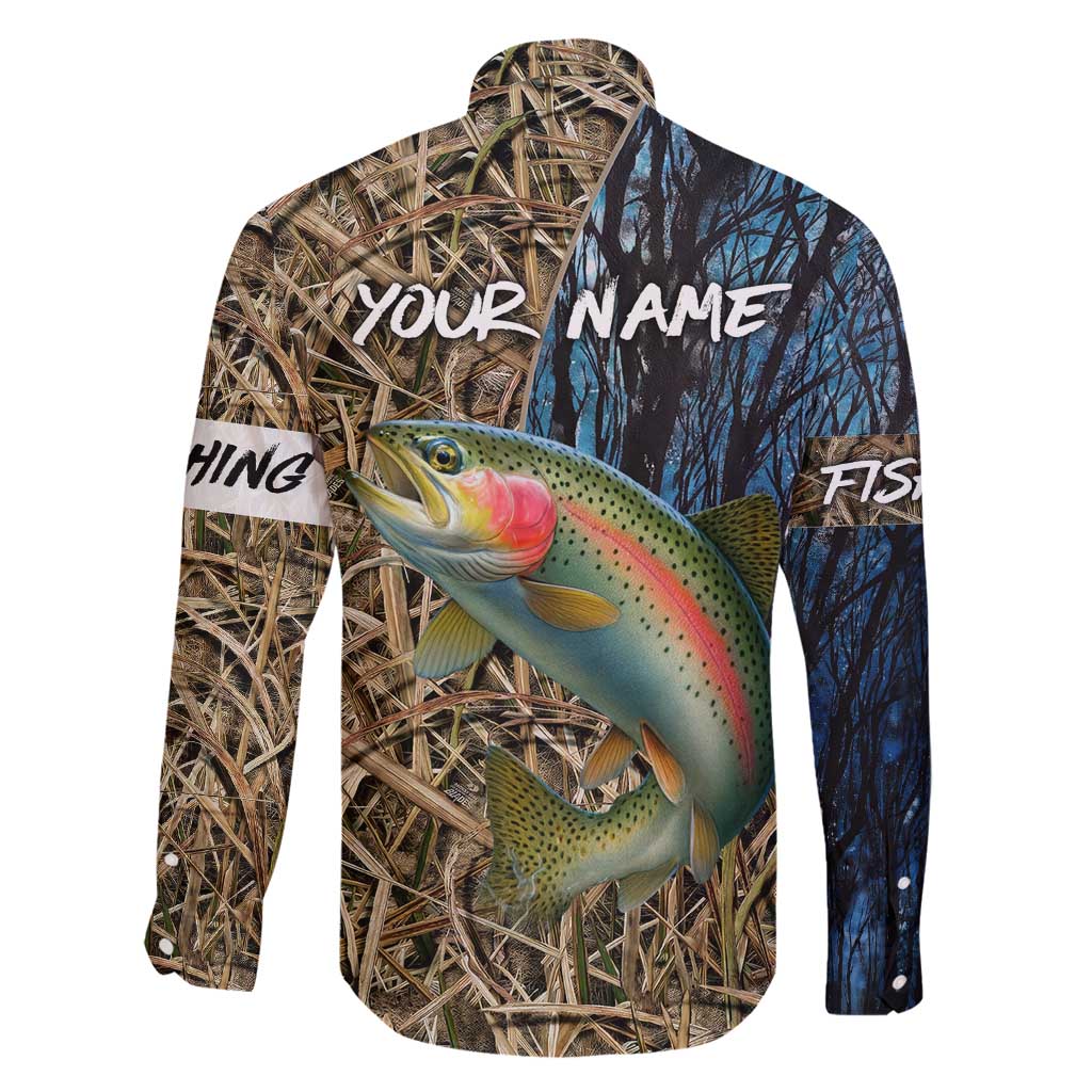 Rainbow Trout Fishing Family Matching Off Shoulder Maxi Dress and Hawaiian Shirt with Camouflage Reeds and Forest Background in Nature-Inspired Colors - Wonder Print Shop