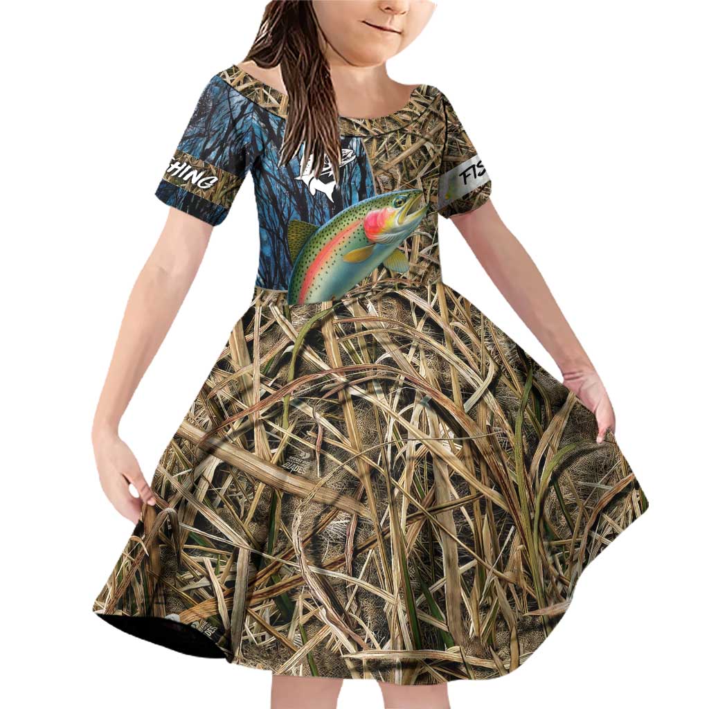 Rainbow Trout Fishing Family Matching Off Shoulder Short Dress and Hawaiian Shirt with Camouflage Reeds and Forest Background in Nature-Inspired Colors - Wonder Print Shop