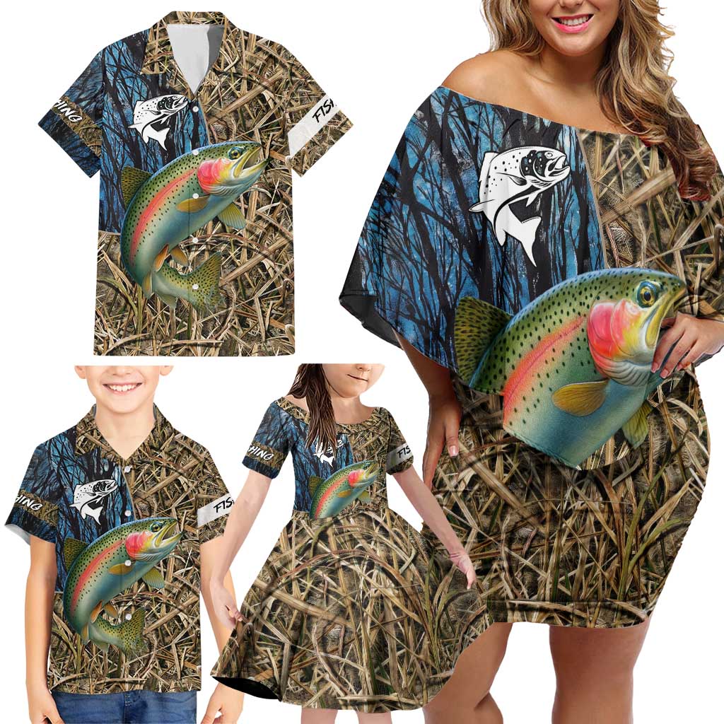 Rainbow Trout Fishing Family Matching Off Shoulder Short Dress and Hawaiian Shirt with Camouflage Reeds and Forest Background in Nature-Inspired Colors - Wonder Print Shop