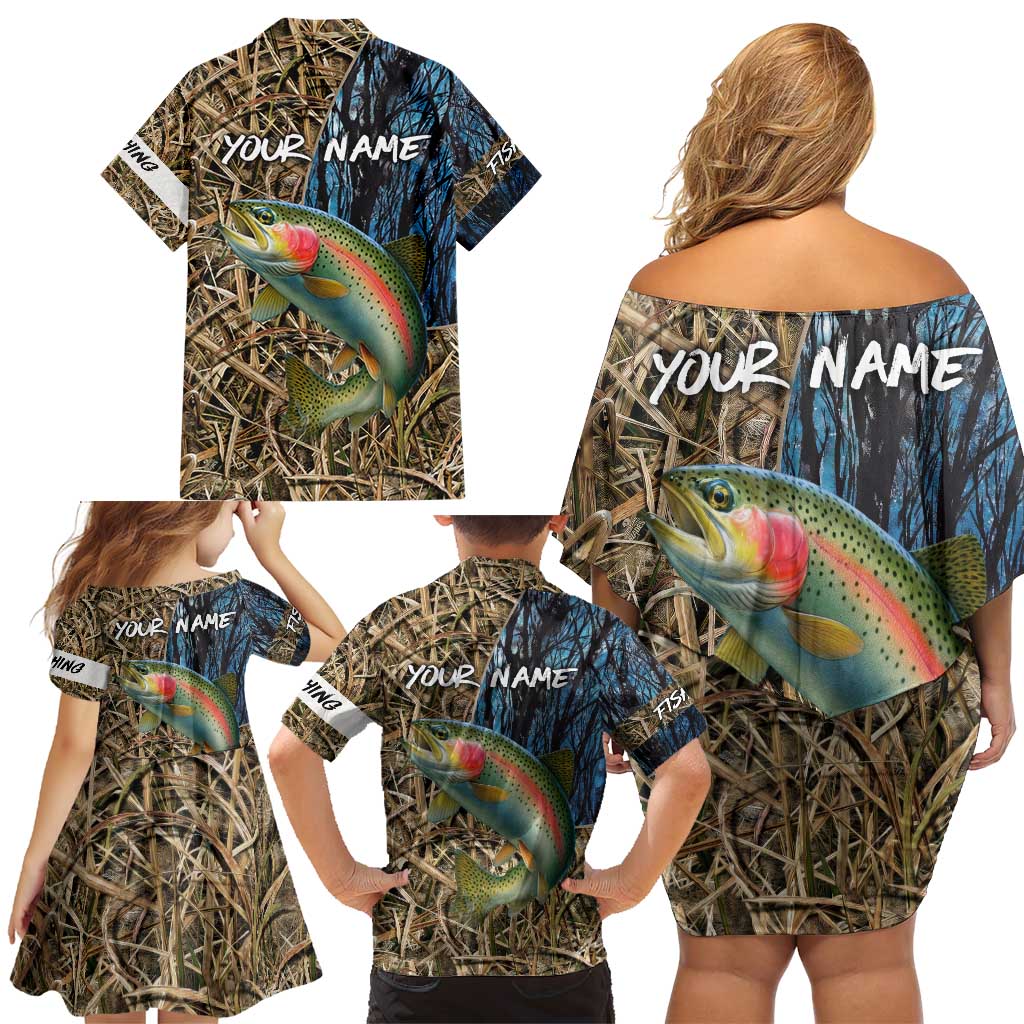 Rainbow Trout Fishing Family Matching Off Shoulder Short Dress and Hawaiian Shirt with Camouflage Reeds and Forest Background in Nature-Inspired Colors - Wonder Print Shop