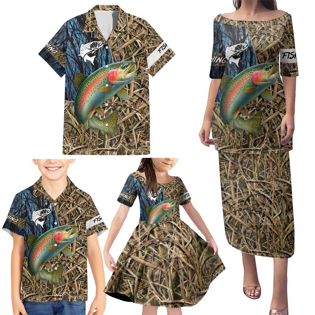 Rainbow Trout Fishing Family Matching Puletasi and Hawaiian Shirt with Camouflage Reeds and Forest Background in Nature-Inspired Colors - Wonder Print Shop