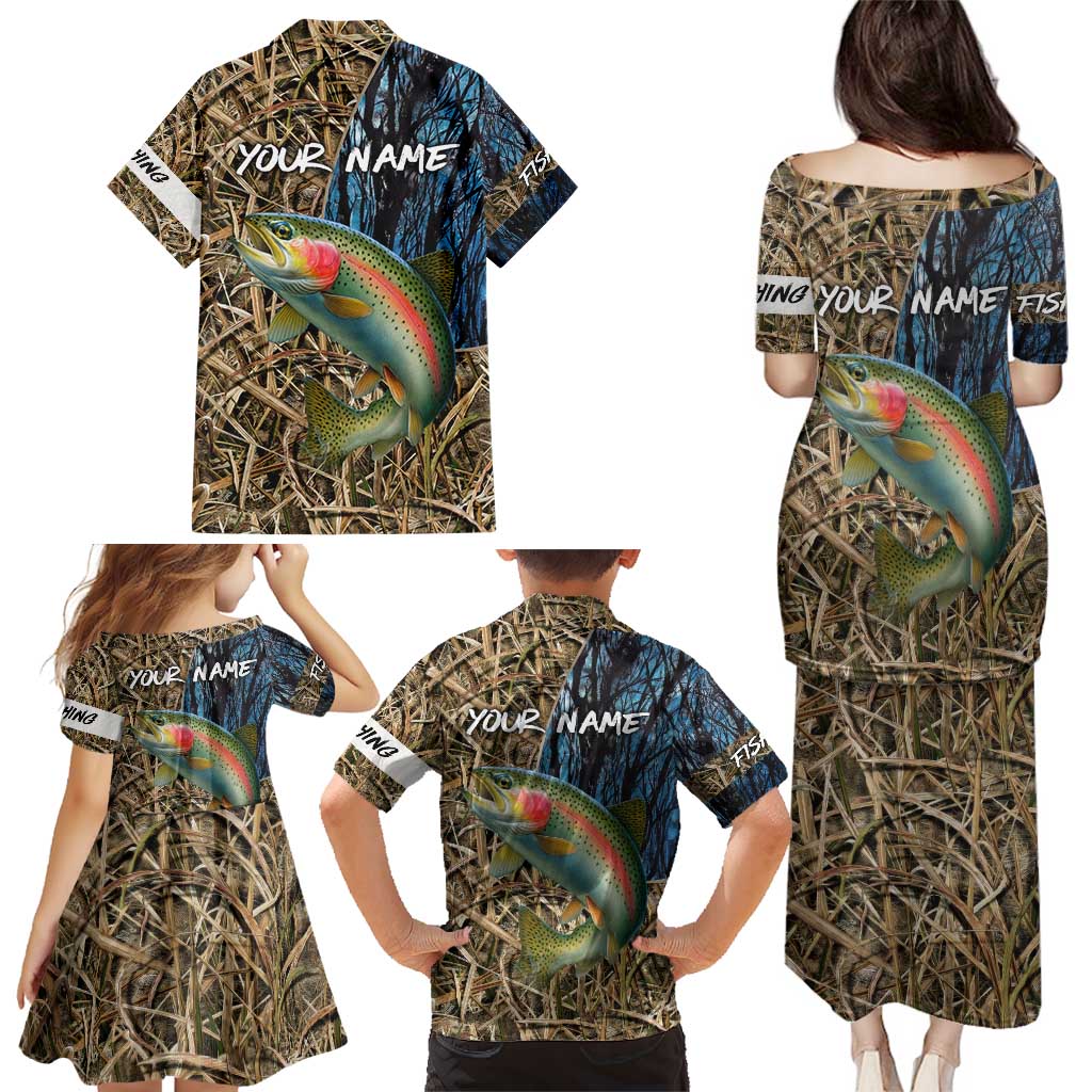 Rainbow Trout Fishing Family Matching Puletasi and Hawaiian Shirt with Camouflage Reeds and Forest Background in Nature-Inspired Colors - Wonder Print Shop