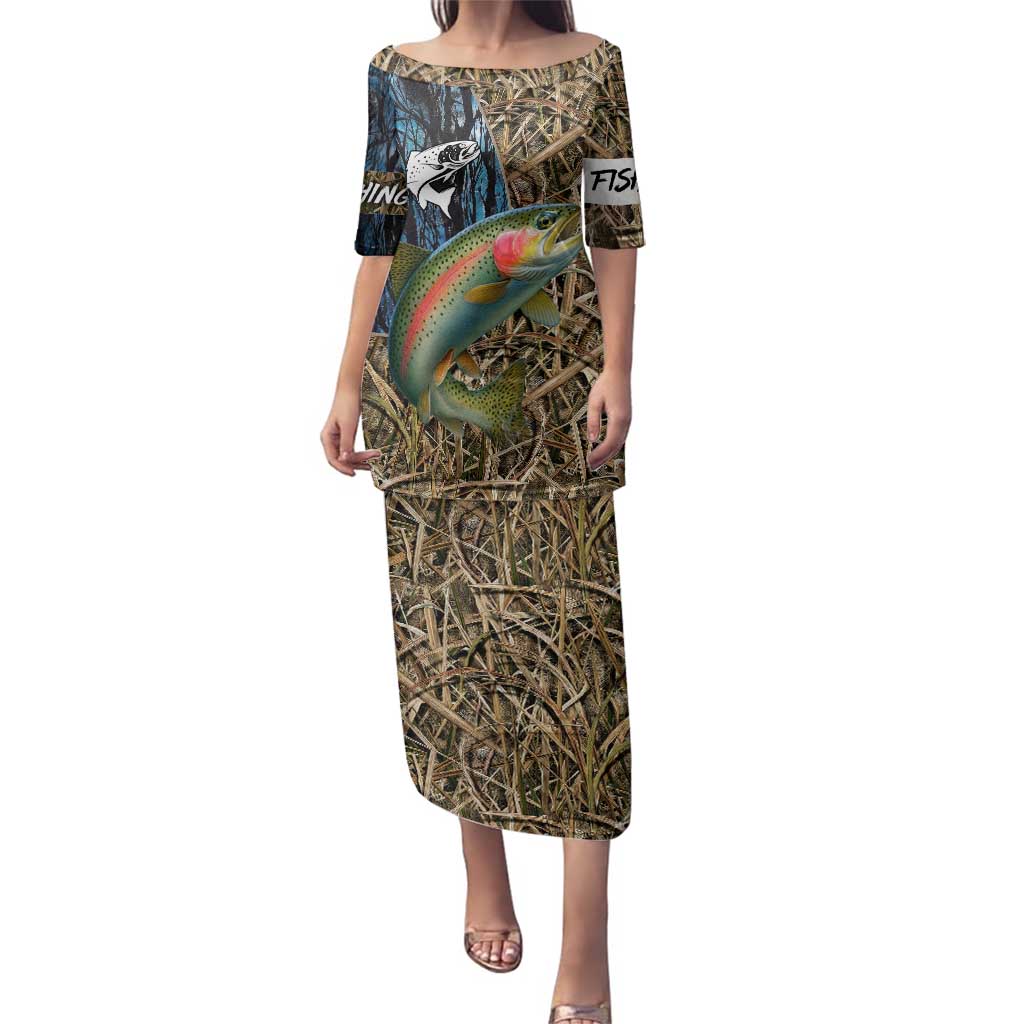 Rainbow Trout Fishing Family Matching Puletasi and Hawaiian Shirt with Camouflage Reeds and Forest Background in Nature-Inspired Colors - Wonder Print Shop