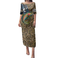 Rainbow Trout Fishing Family Matching Puletasi and Hawaiian Shirt with Camouflage Reeds and Forest Background in Nature-Inspired Colors - Wonder Print Shop