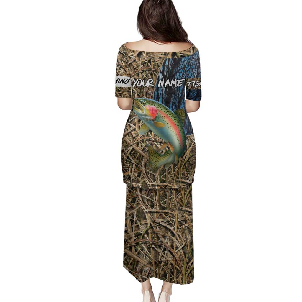 Rainbow Trout Fishing Family Matching Puletasi and Hawaiian Shirt with Camouflage Reeds and Forest Background in Nature-Inspired Colors - Wonder Print Shop