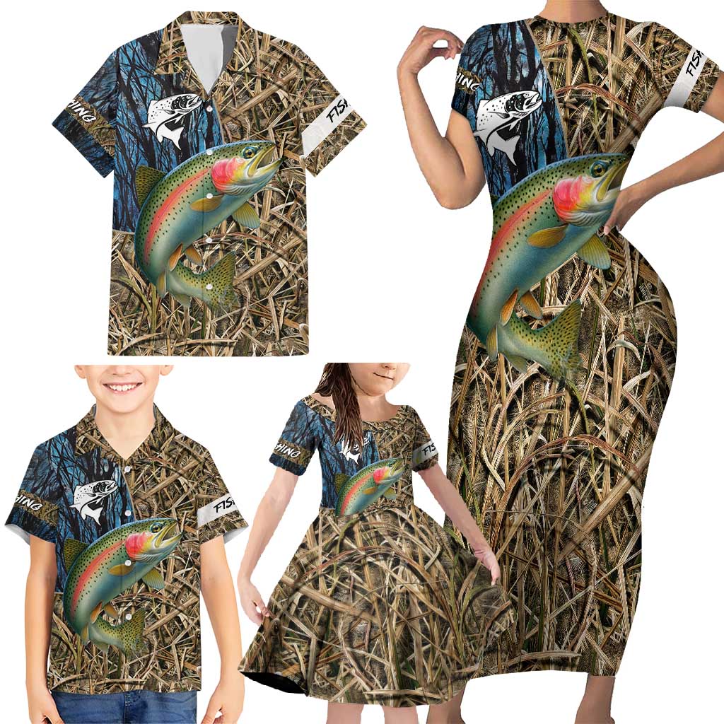Rainbow Trout Fishing Family Matching Short Sleeve Bodycon Dress and Hawaiian Shirt with Camouflage Reeds and Forest Background in Nature-Inspired Colors - Wonder Print Shop