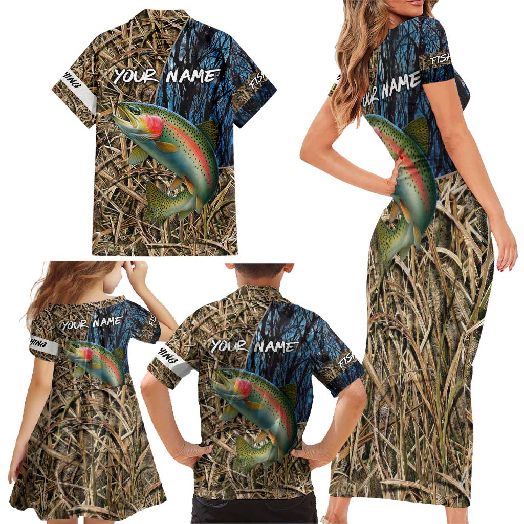 Rainbow Trout Fishing Family Matching Short Sleeve Bodycon Dress and Hawaiian Shirt with Camouflage Reeds and Forest Background in Nature-Inspired Colors - Wonder Print Shop