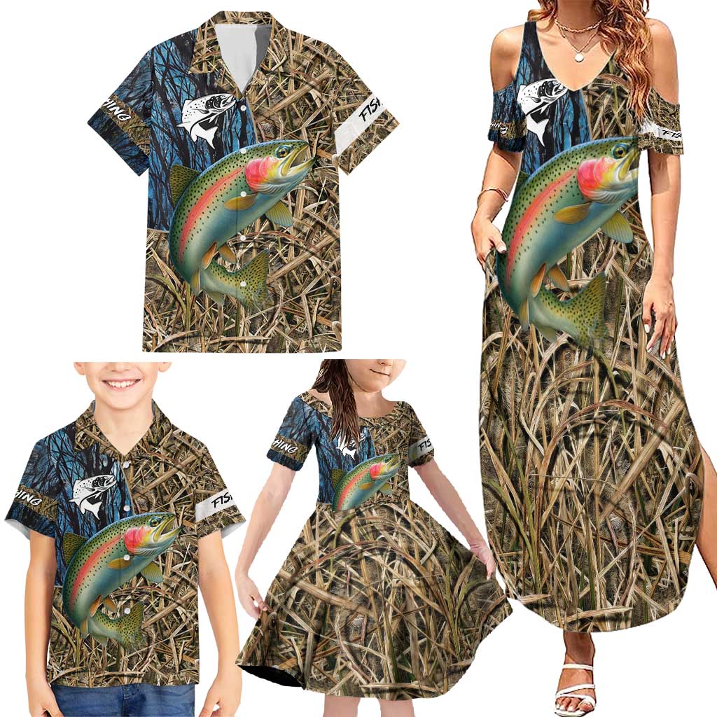 Rainbow Trout Fishing Family Matching Summer Maxi Dress and Hawaiian Shirt with Camouflage Reeds and Forest Background in Nature-Inspired Colors - Wonder Print Shop