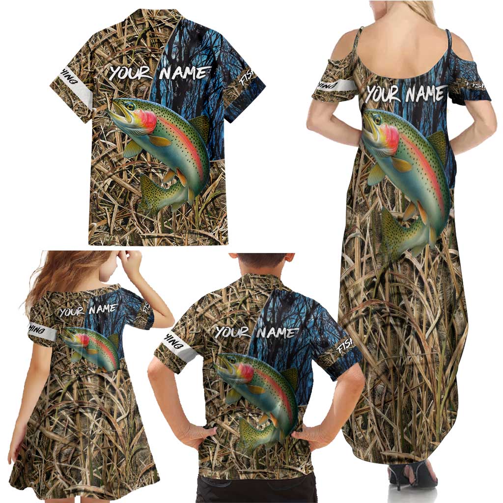 Rainbow Trout Fishing Family Matching Summer Maxi Dress and Hawaiian Shirt with Camouflage Reeds and Forest Background in Nature-Inspired Colors - Wonder Print Shop