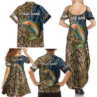 Rainbow Trout Fishing Family Matching Summer Maxi Dress and Hawaiian Shirt with Camouflage Reeds and Forest Background in Nature-Inspired Colors - Wonder Print Shop