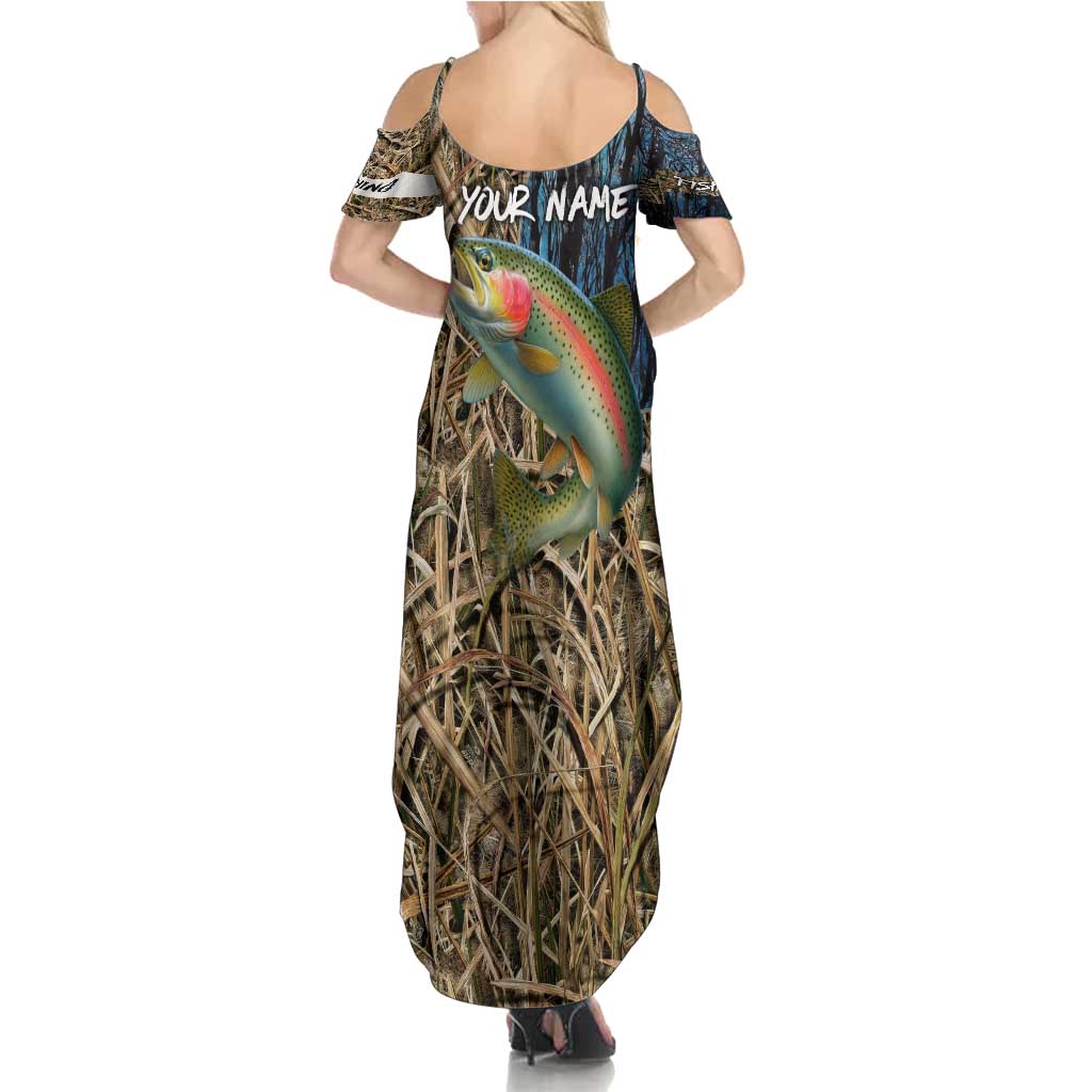Rainbow Trout Fishing Family Matching Summer Maxi Dress and Hawaiian Shirt with Camouflage Reeds and Forest Background in Nature-Inspired Colors - Wonder Print Shop