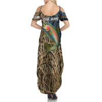 Rainbow Trout Fishing Family Matching Summer Maxi Dress and Hawaiian Shirt with Camouflage Reeds and Forest Background in Nature-Inspired Colors - Wonder Print Shop