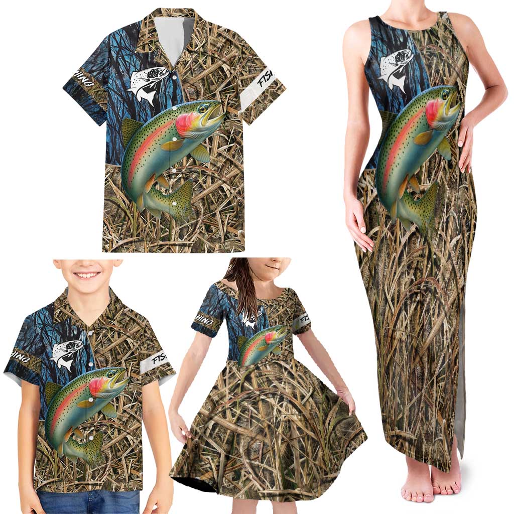 Rainbow Trout Fishing Family Matching Tank Maxi Dress and Hawaiian Shirt with Camouflage Reeds and Forest Background in Nature-Inspired Colors - Wonder Print Shop