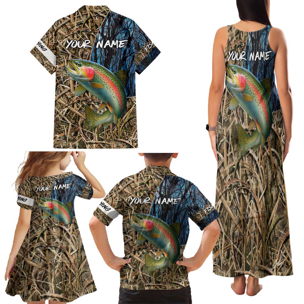 Rainbow Trout Fishing Family Matching Tank Maxi Dress and Hawaiian Shirt with Camouflage Reeds and Forest Background in Nature-Inspired Colors - Wonder Print Shop