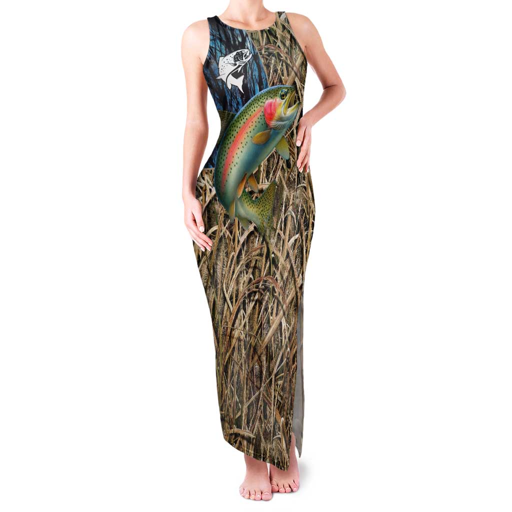 Rainbow Trout Fishing Family Matching Tank Maxi Dress and Hawaiian Shirt with Camouflage Reeds and Forest Background in Nature-Inspired Colors - Wonder Print Shop