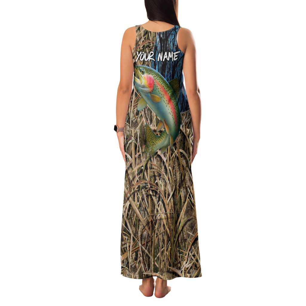 Rainbow Trout Fishing Family Matching Tank Maxi Dress and Hawaiian Shirt with Camouflage Reeds and Forest Background in Nature-Inspired Colors - Wonder Print Shop